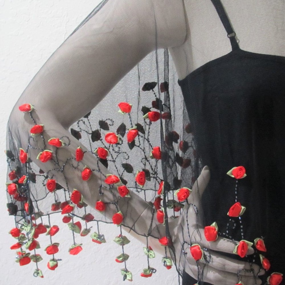 LADIES BLACK MESH SHAWL  BEADS, RED SILK ROSES
